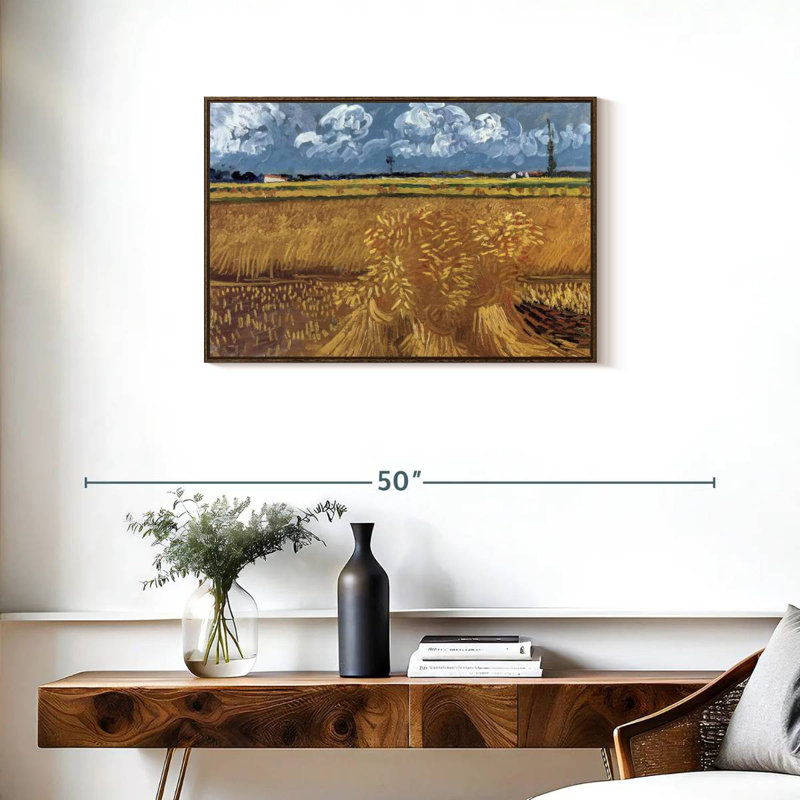 Champ de blé avec réas, Cadre flottant en noyer, 31 po x 21 po