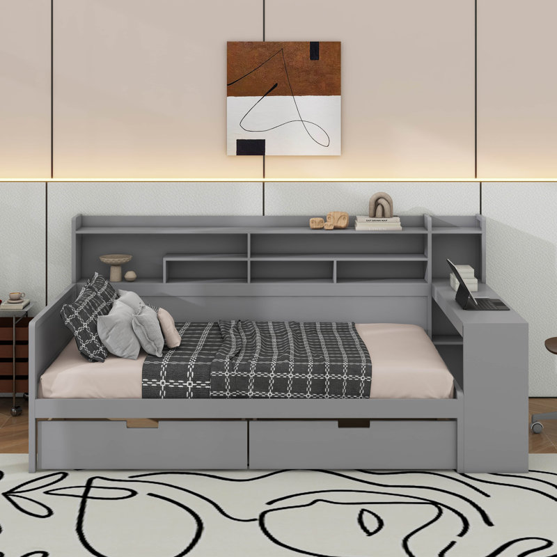 Wooden Daybed With Storage Shelves, Multi-Functional Bed With Two Storage Drawers And Study Desk, Twin