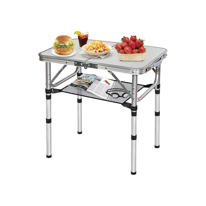 Small Folding Table, 3 Adjustable Height Foldable Table, Outdoor Folding Table with Net Mesh, White Metal Folding Table for Patio BBQ