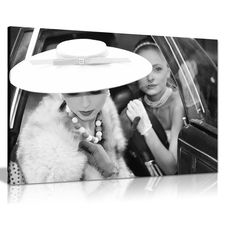 Panther Print Fine Art Prints Black & White Woman In A Hat & Bride In A Vintage Limousine Artistic Framed Canvas Prints, Pictures For Home Walls, Bedroom, Living Room & Bathroom Decor - Wrapped Canvas Art Prints