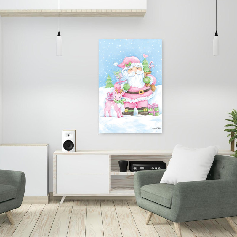 «Pretty In Pink Santa Claus Abstract Contemporary Christmas Tree Winter Landscape Art», H 36 po x l 24 po