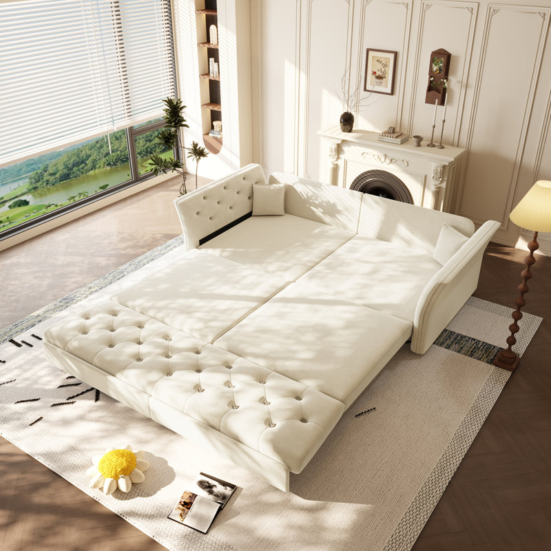 Grand canapé-lit escamotable, canapé-lit convertible avec motif capitonné en tissu fait à la main, causeuse en velours multifonctionnelle