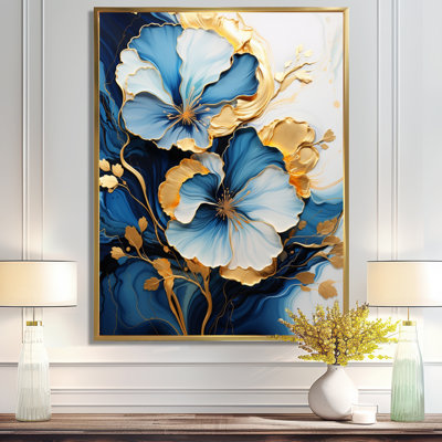 White Blue Flower Gold Leaves - Abstract Modern Waves Wall Art