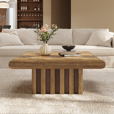 35" Square Coffee Table, Wood Parquet Inlay Cocktail Table, Easy Assembly Living Room Accent Table with Rounded Corners