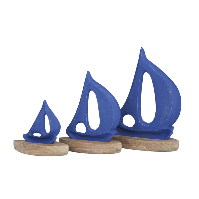 Phil 3-Piece Wood Sailboat Sculpture Set, Blue/Brown
