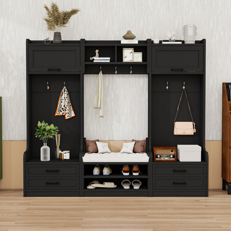 Multi-Functional Hall Tree with Storage Cabinets, Drawers and Hooks, Black