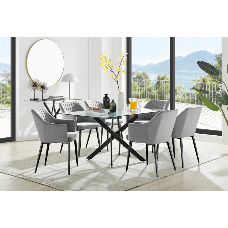 Lenworth Balck Metal and Glass Rectangular Dining Table Set with 6 Luxury Modern Velvet Chairs, Grey