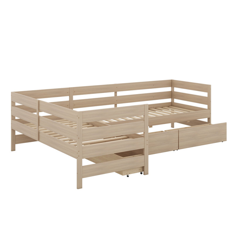 Lit plateforme en L avec trois tiroirs de rangement, Naturel