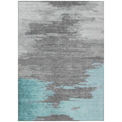 Machine Washable Indoor/Outdoor Xhevrie Teal Rug