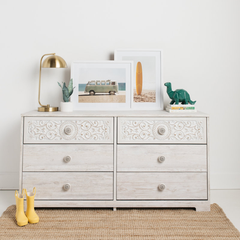 Commode double 6 tiroirs Hoang, Blanc délavé