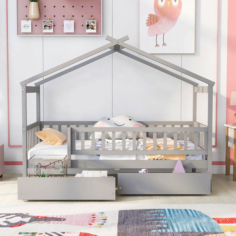 Lit simple en bois avec deux tiroirs, Gris