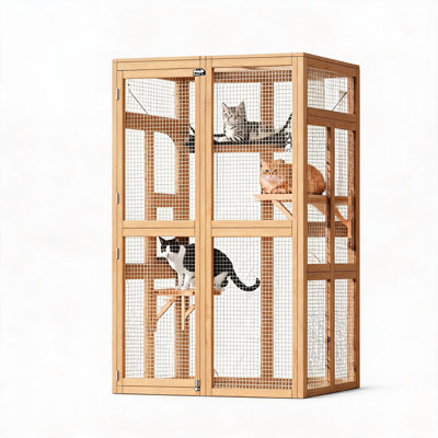 Enceinte d'extérieur en bois, hamac et fenêtre, 2 plateformes, bois naturel