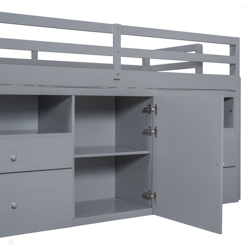 Lit mezzanine simple avec 4 tiroirs, sous l'armoire et les tablettes, gris