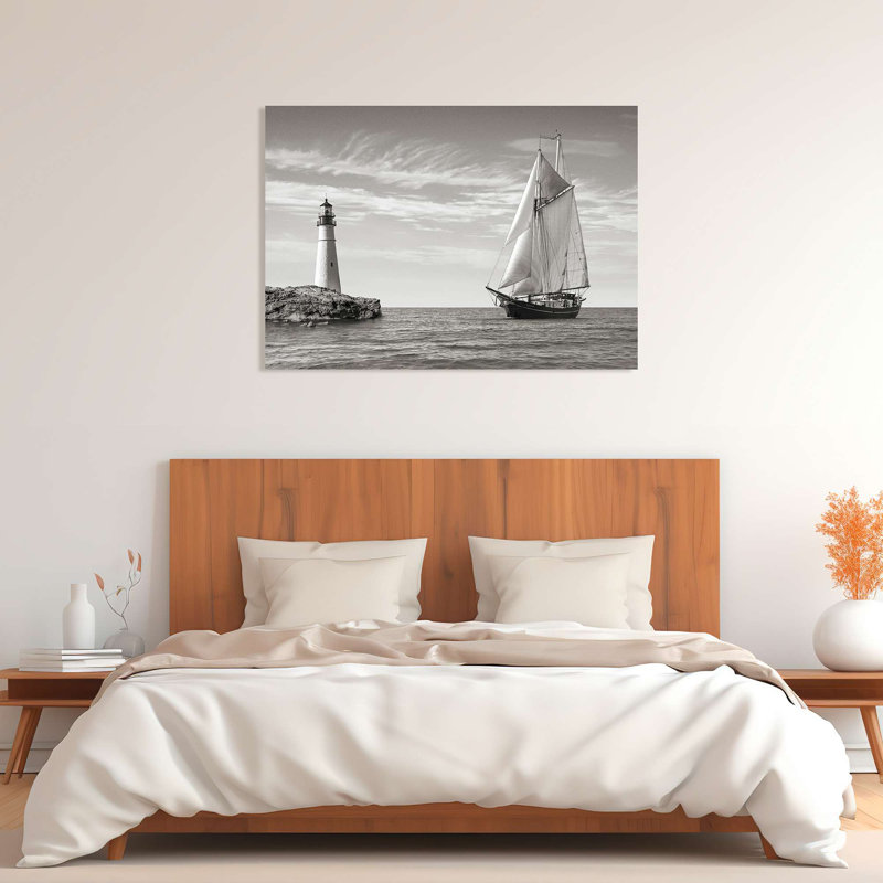 Photograph Of A Sailboat Approaching Lighthouse, Mediterranean Sea by Pangea Images - Print, 40cm H x 60cm W x 4cm D