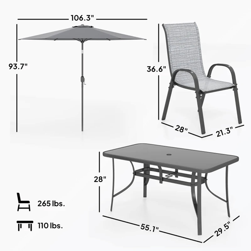 Ensemble repas 8 pièces pour l'extérieur, H 28 po x l 55,1 po x P 29,5 po