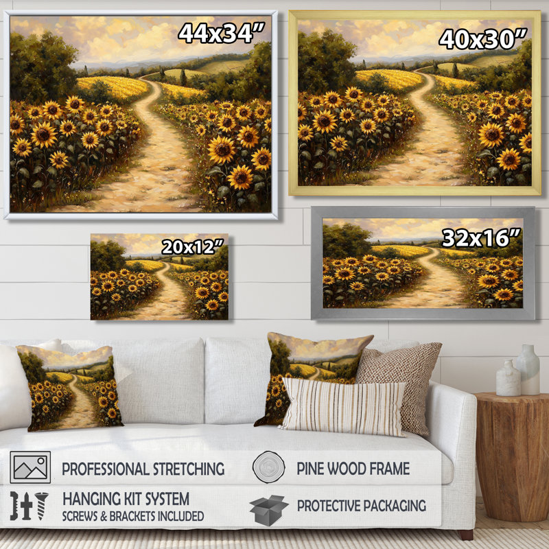 Donald tournesols le long du chemin de terre II - tournesols, art mural sur toile, H 24 po x l 32 po, Argent argent