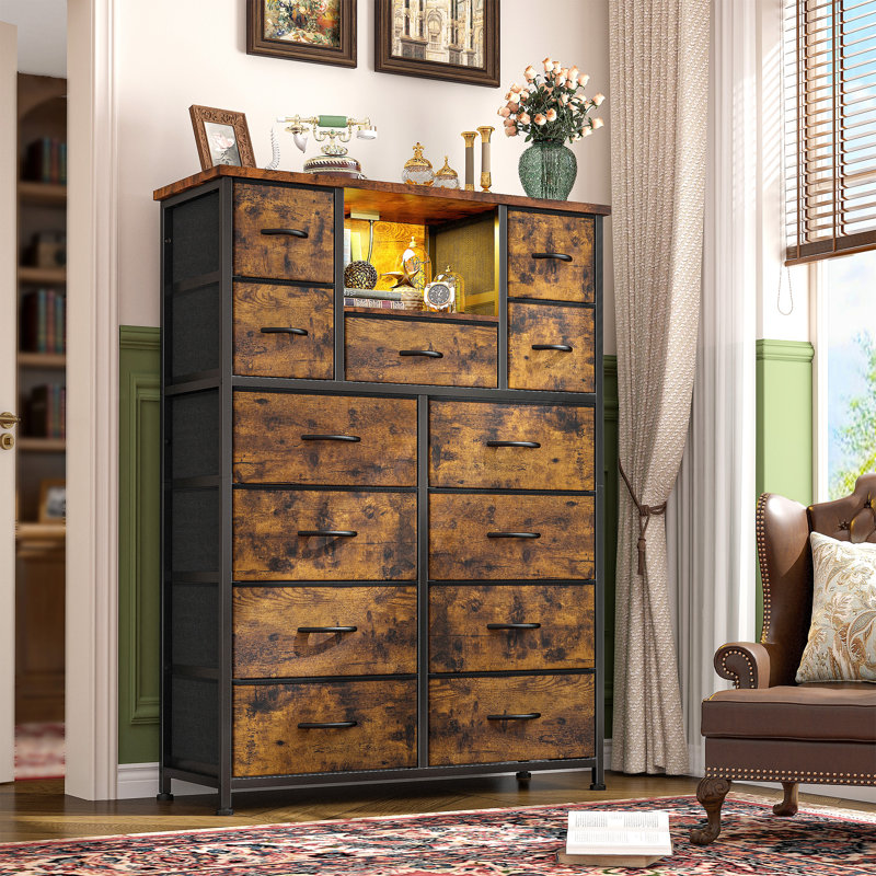 13 Drawer Tall Dresser For Bedroom With Open Shelves & Led Lights, Chest Of Drawers With Charge Station, Brown