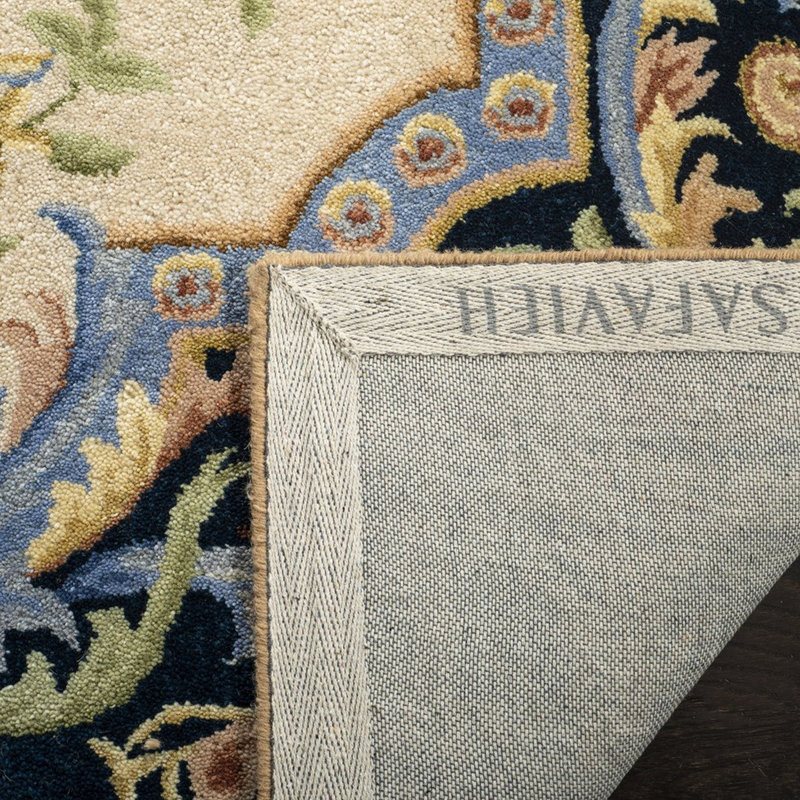 Tapis ivoire / bleu marine en laine touffeté à la main Priscila, Rectangle 9 pi x 12 pi