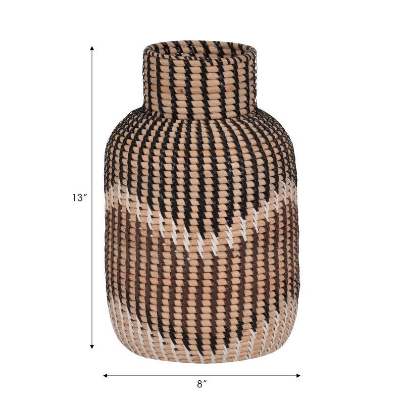 Keianna Vase Rattan Chevron Pattern 13" Multicolor Brown Black Ivory for Home Office Bedroom Living Room Decor