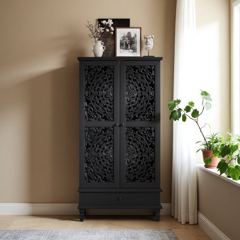 Armoire d'appoint en bois sculpté à 2 portes avec tiroir Anadia, Noir