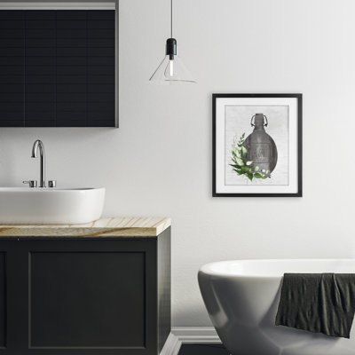 Bouteille rétro avec des herbes de salle de bain, reproduction encadrée sous verre, design avec lettres et doublure