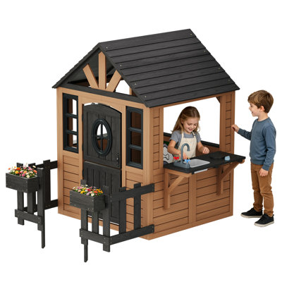  Maisonnette modulaire à 3 portes avec ensemble de cuisine en bois durable et toit imperméable, maisonnette pour enfants de 3 à 8 ans