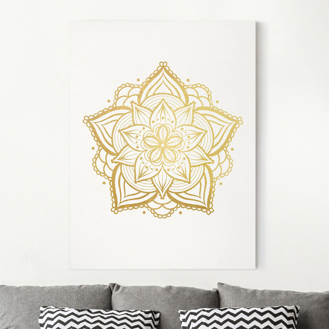 Leinwandbild Mandala Blüte Illustration in Weiß & Gold