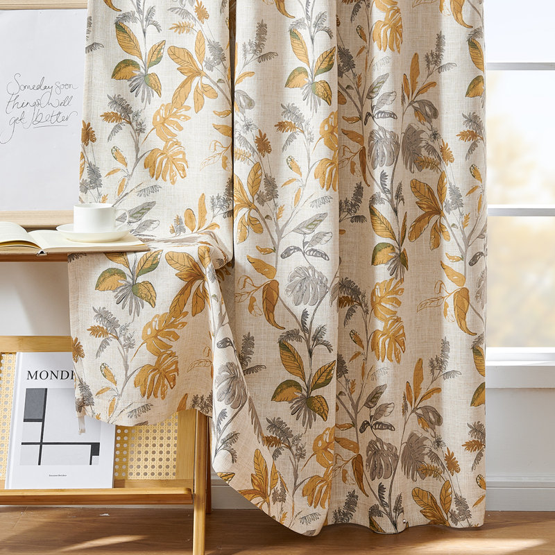 Linen Blend Leaf Print Blackout Curtains for Living Room, 50" W x 96" L, Yellow