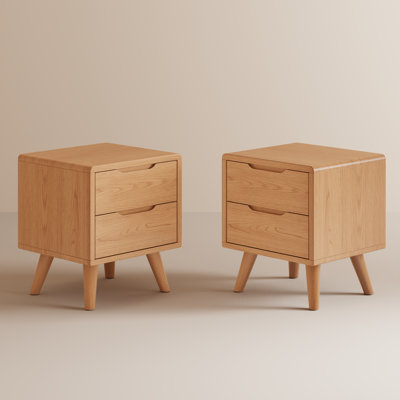 Set Of 2 Mid-Century Modern 2-Drawer Nightstand, Solid Wood Bedroom Bedside Table with Storage