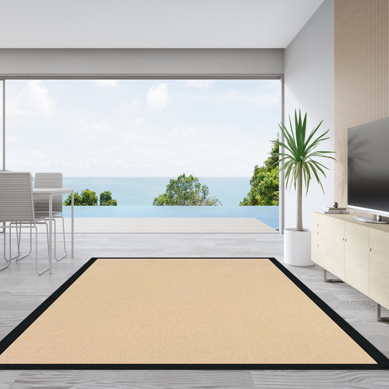 Tapis berbère beige clair avec bordure en coton noir fait à la main Nannette, Rectangulaire 8 pi x 11 pi