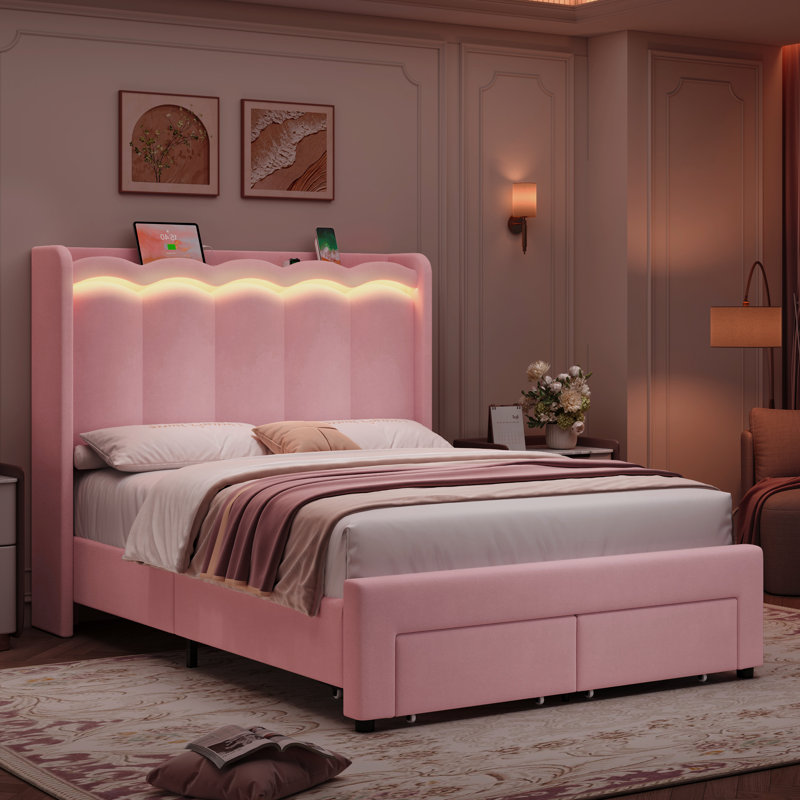 Velvet Upholstered Storage Bed With LED Lights, Storage Platform Bed With 2 Drawer & Charging Station, Full, Pink