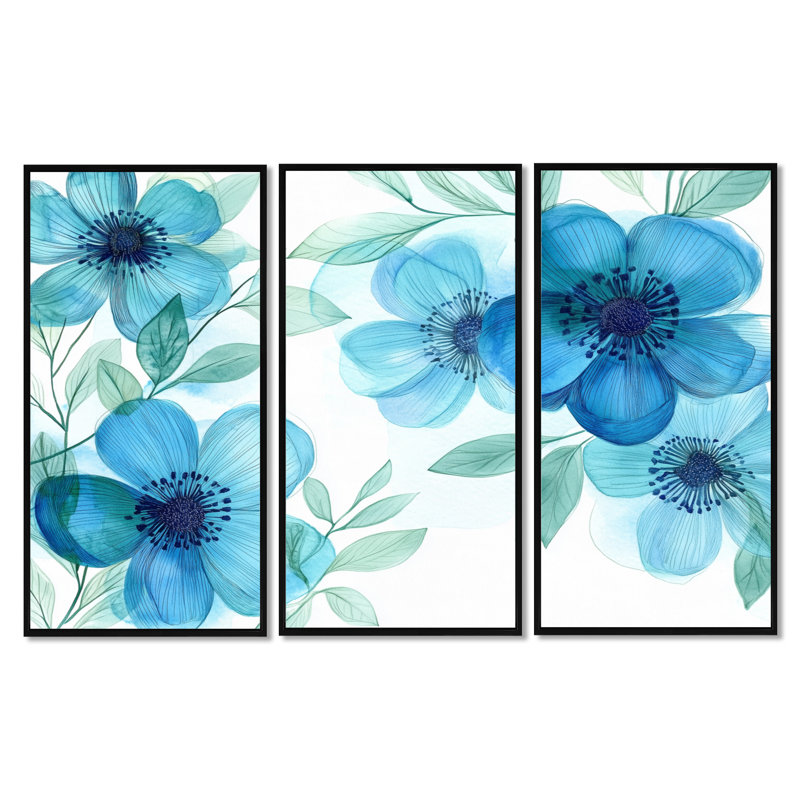 «Blue Wildflowers», art mural sur toile Meadow, H 40 po x l 60 po, Cadre flottant noir