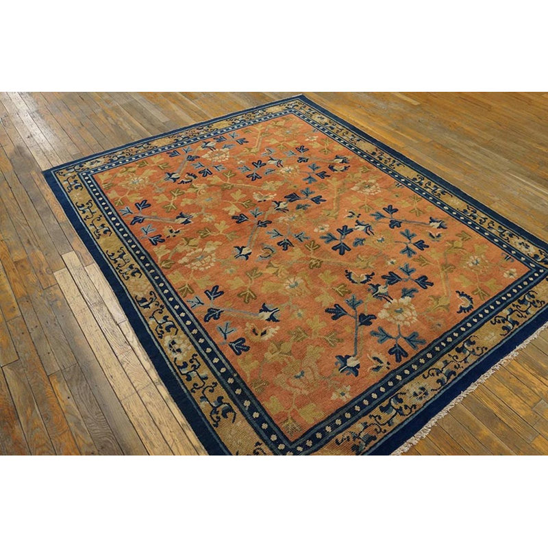 Square Geometric Antique Coral Color Late 18th Century Chinese Ningxia Rug