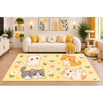Tapis « Ultra Fin » 152 x 213 cm Jaune Adorables Chatons Dessin Animé Chats avec Marguerites Cœurs et Feuilles pour Salon ou Chambre d'Animaux Dos en Silicone Antidérapant Poils Bas.