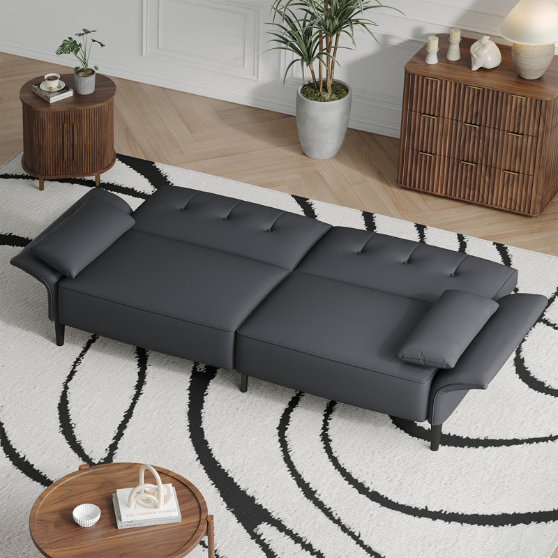 89" Faux Leather Convertible Sofa Couch with 2 Square Pillows,Adjustable Backrest& Armrests, Dark Gray
