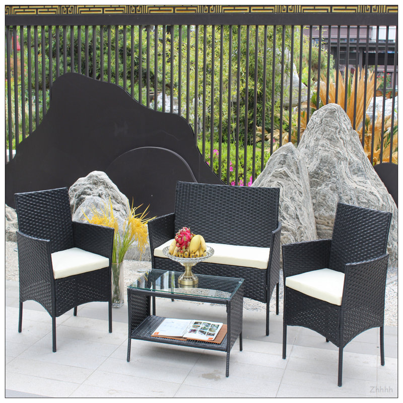 4 PC Rattan Patio Furniture Set Outdoor Patio Cushioned Seat Wicker Sofa, Beige