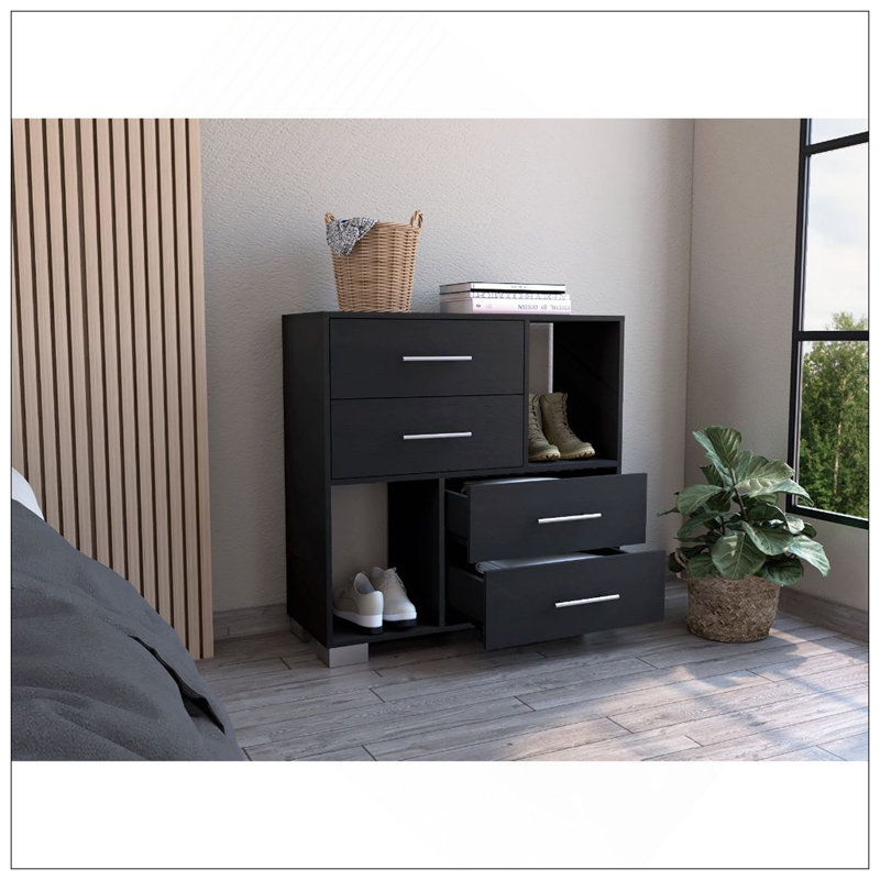 Commode à tournesol, quatre tiroirs, deux tablettes ouvertes