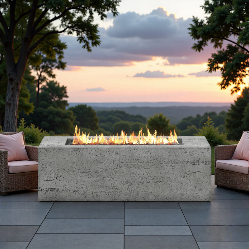 Mgo Propane Outdoor Rectangular Fire Pit With Side Cutout Handles, Steel Burner, Adjustable Flame Control, Lava Rocks And Rain Cover