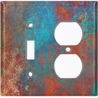 Metal Crosshatch Light Switch Plate Outlet Cover (Metal Patina 1 Print  - (L) Single Toggle / (R) Single Outlet)