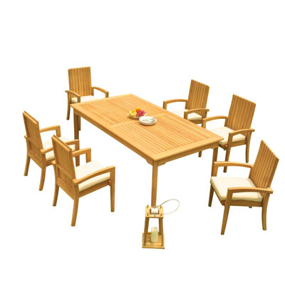 6 Seats 7 Pcs Grade-A Teak Wood Dining Set: 60" Rectangle Table And 6 Goa Stackng Arm Chairs #71Go0607