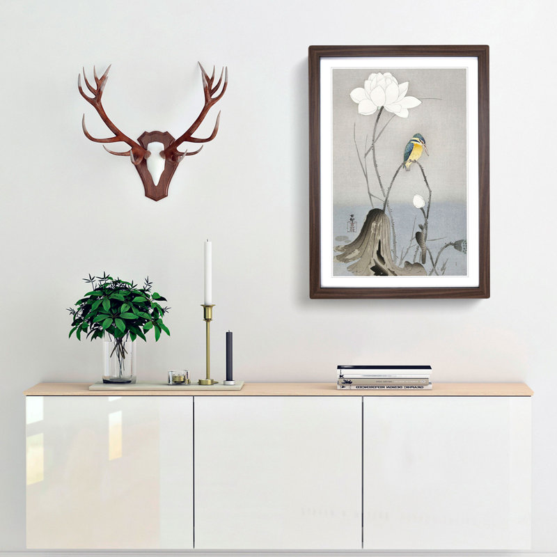 Kingfisher with Lotus Flower by Ohara Koson - Picture Frame Painting Print, Walnut, 76cm H x 50cm W x 2cm D