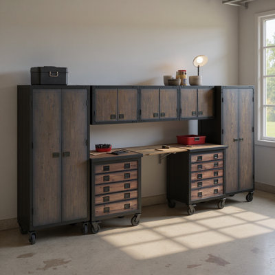 8-Piece Garage Storage Set with 2 Rolling Tool Cabinets, Folding Workbench & 5 Cabinets