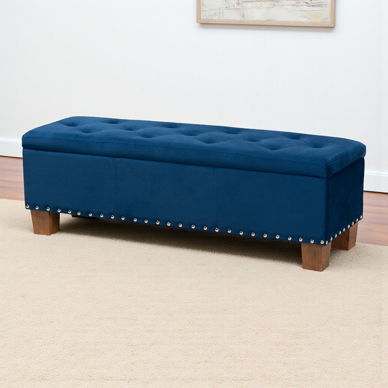 Banc de rangement en tissu de velours bleu marine Johs, H 17,32 po x l 52,17 po x P 16,73 po, Bleu marine