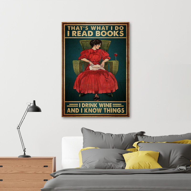 «Red Girl With Books And Red Wine - I Read Books I Drink Wine», reproduction d'art graphique sur toile tendue