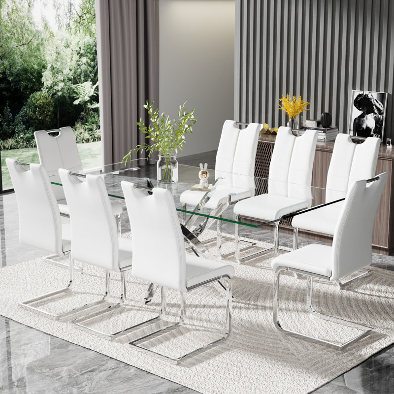 Ensemble de table de salle à manger moderne en verre 71 po avec chaises de luxe en similicuir, Argent argent, Blanc, Doré
