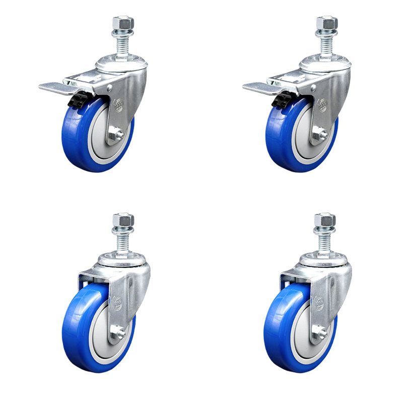 Ensemble de 4 roulettes à tige pivotante en polyuréthane de 4 mm et 2 freins à verrouillage total SCC, Bleu