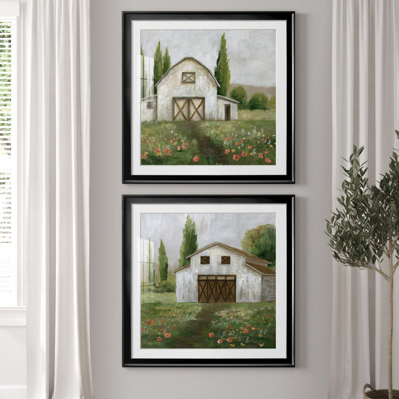 Country Barn I - ensemble de 2 reproductions d'art, Papier encadré noir, Blanc, H 26,5 po x l 53 po x P 1,5 po