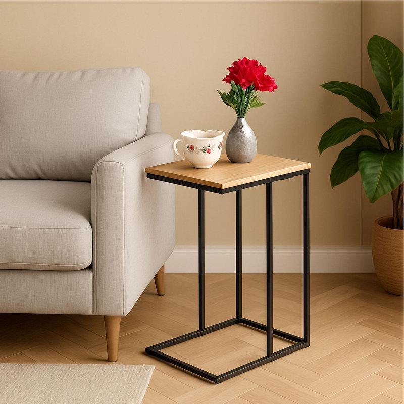 Slim C-Shaped Sofa End Table – Wood-Grain Top With Metal Frame – Compact Laptop & Coffee Table For Living Room, Bedroom Or Office – Space-Saving Modern Side Table 40×30×59 Cm