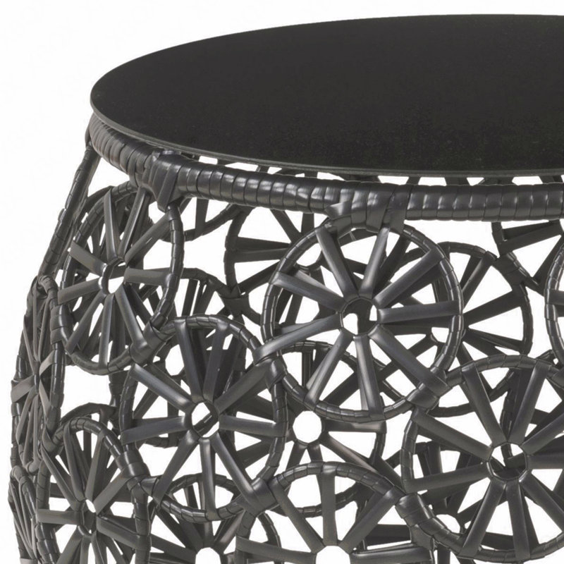 Clear Glass, Charcoal Fabric & Black Wicker Patio Lounge Chair & Side Table