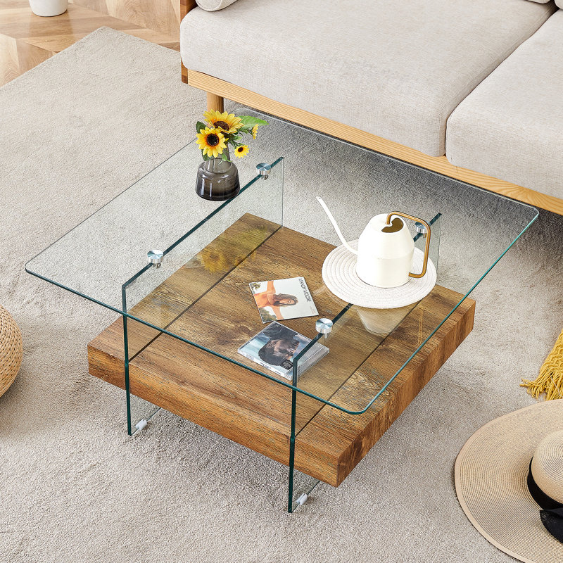 Table basse carrée 31,4 pouces à deux niveaux - Une combinaison élégante de verre transparent